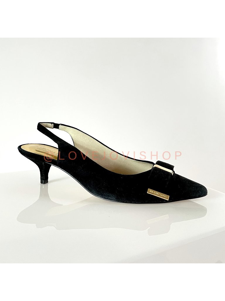 Minimalist | Michael Kors Black Suede Kitten Heel | Feminine Bow Gold Detail 9.5